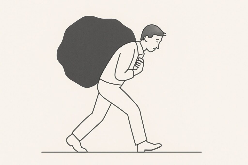 cope with のイメージ図:困難を背負って進む人のイラスト
